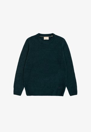 Sweter z okrągłym dekoltem w ciemnym odcieniu teal. Miękka, strukturalna tkanina z prążkowanymi mankietami i dolnym brzegiem. Posiada mały akcent z logo po dolnej stronie.