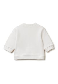 Felpa bianca con scollo rotondo, maniche a tre quarti, polsini a coste e vestibilità comoda. Tessuto liscio e morbido con un design semplice.