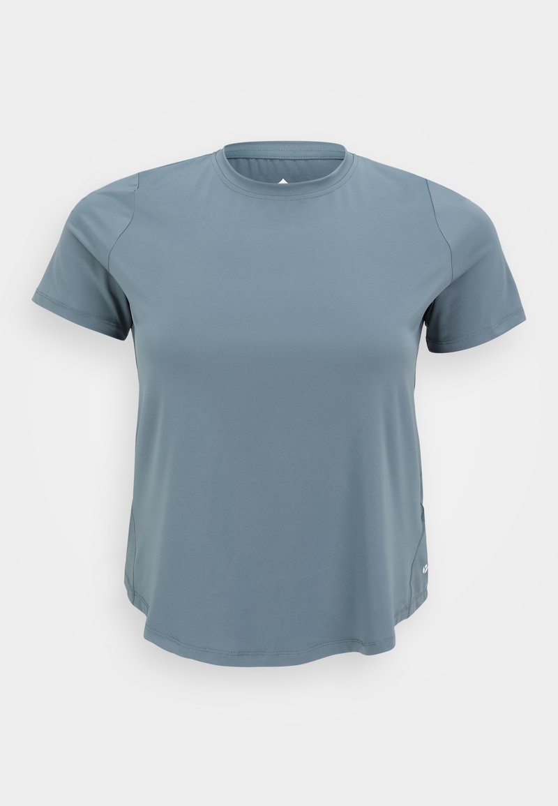 T-shirt atlético de manga curta azul claro, feito de um tecido suave e elástico, com decote redondo e aberturas laterais para facilitar o movimento.