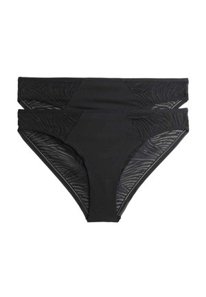 Dwa czarne damskie figi bikini z siateczkowymi wstawkami z subtelnymi wzorami przypominającymi zebry po bokach i na pasku.