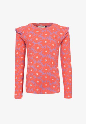 Top met lange mouwen in fel oranje met een roze en witte bloemmotief, voorzien van gerimpelde schouderaccenten en textuurstof.