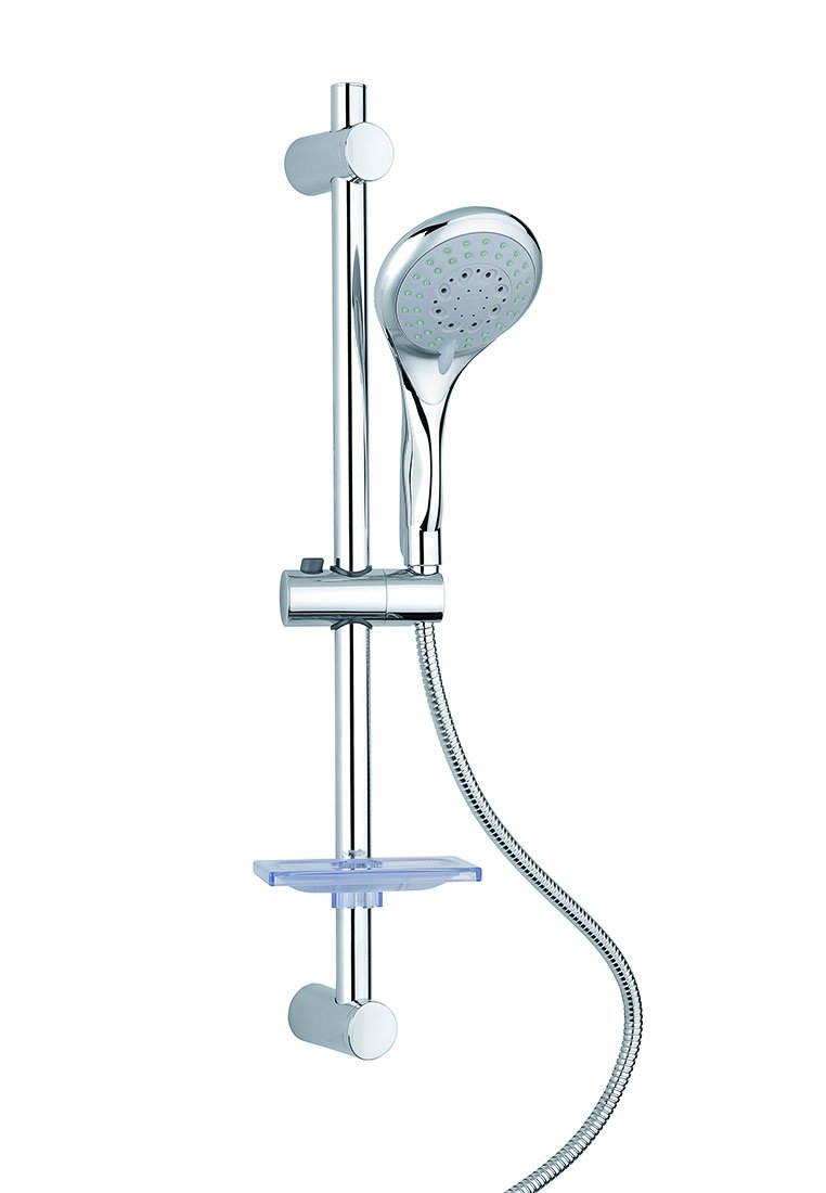 Duschsystem mit verchromter Oberfläche, verstellbarem Handbrausekopf, senkrechter Schiene und klarem Kunststoffseifenschälchen. Flexibler Metallschlauch enthalten.