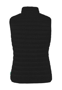 Schwarze gepolsterte Weste mit hohem Kragen, horizontaler Steppung, glatter Textur und einem kleinen grünen Etikett am Saum.