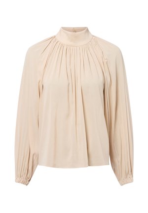 Hellbeige Bluse mit hohem, gerafftem Ausschnitt. Sie verfügt über Falten an der Vorderseite und lange, elastische Ärmel für eine lässige Passform.