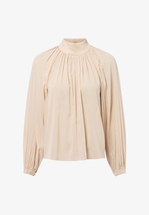 Hellbeige Bluse mit hohem, gerafftem Ausschnitt. Sie verfügt über Falten an der Vorderseite und lange, elastische Ärmel für eine lässige Passform.