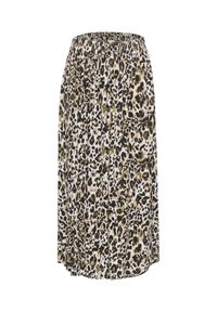 Jupe à imprimé léopard avec une taille élastique, présentant un mélange de couleurs beige, noir et olive. Le matériau semble léger et fluide.