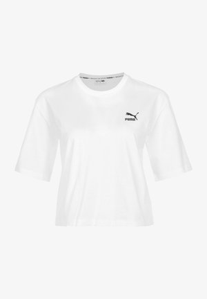 Valge lühikeste varrukatega puuvillane lühike t-särk, millel on must Puma logo vasakul rinnal. Lihtne ja klassikaline disain.