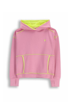 Różowa bluza z kapturem z neonowo-żółtymi przeszyciami, kapturem wyściełanym siateczką, przednią kieszenią kangurzą oraz otworami na kciuki na mankietach.