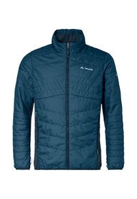 Navyblauwe geïsoleerde jas met een rits aan de voorkant, hoge kraag, gestructureerd gewatteerd patroon en zijzakken. Logo op de borst en manchetdetail.