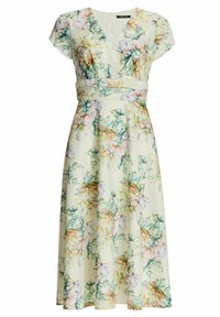 Robe midi fleurie avec manches courtes, col en V, taille cintrée et fleurs pastel dans des tons verts, roses, violets et beiges sur fond crème.