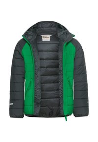 Pufferjacke mit grüner Vorderseite und grauen Seiten, Reißverschluss, gepolsterter Textur und innerer Füllung für Wärme.