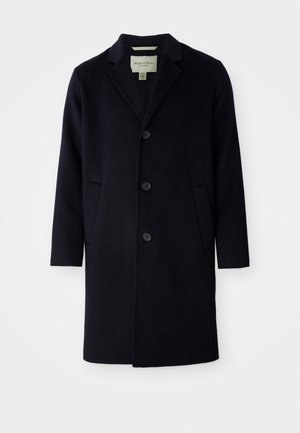 Black single-breasted long wool coat with notch lapel collar, three buttons, two front pockets, and straight sleeves.