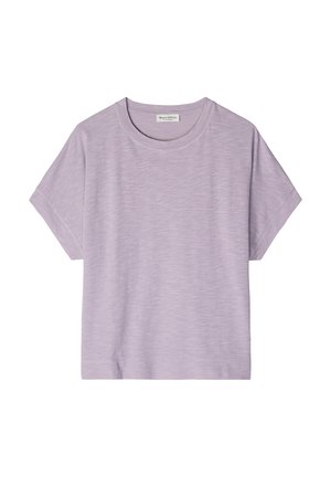 T-shirt violet clair à manches courtes avec un col rond et une texture chinée subtile, présenté à plat sur un fond blanc.
