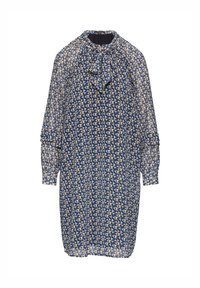 Langärmliges, marineblaues Kleid aus durchsichtiger Stoff mit einem geometrischen Muster in Creme- und Brauntönen, mit einem Bindekragen und gerafften Ärmeln.