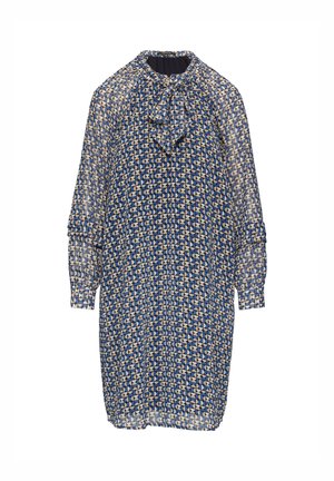 Długo rękawowa sukienka w kolorze granatowym, wykonana z przezroczystej tkaniny, zdobiona geometrycznym wzorem w kolorze kremowym i brązowym, z wiązaniem przy dekolcie i bufkowymi rękawami.
