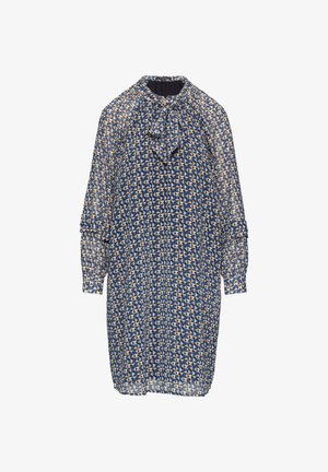 Długo rękawowa sukienka w kolorze granatowym, wykonana z przezroczystej tkaniny, zdobiona geometrycznym wzorem w kolorze kremowym i brązowym, z wiązaniem przy dekolcie i bufkowymi rękawami.