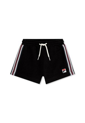 Shorts da atletica neri con coulisse bianca, strisce laterali in bianco, rosso e blu, e una piccola toppa con il logo sulla gamba sinistra.