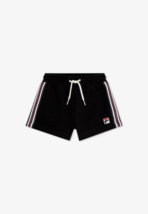 Czarne sportowe spodenki z białym sznurkiem, boczne paski w kolorach białym, czerwonym i niebieskim oraz mała naszywka z logo na lewej nodze.