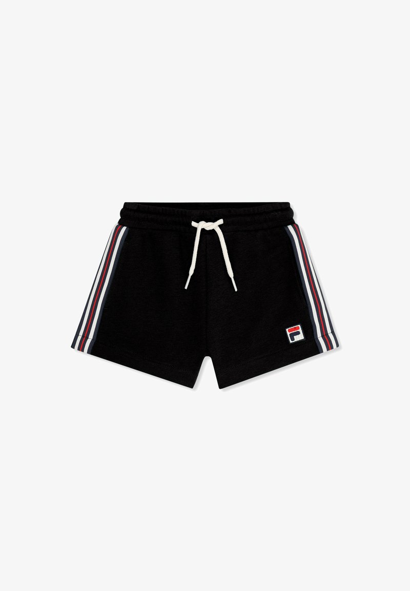 Pantalones cortos atléticos negros con cordón blanco, franjas laterales en blanco, rojo y azul, y un pequeño parche con logo en la pierna izquierda.