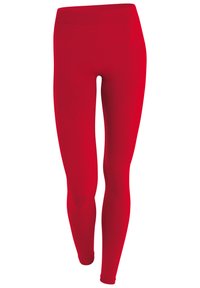 Leggings rouges avec une taille sans couture, design ajusté et texture lisse, fabriqués à partir d'un tissu léger et extensible.