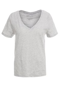 Camiseta de manga corta de cuello en V en gris claro, hecha de suave tela de algodón, exhibida sobre un fondo blanco.