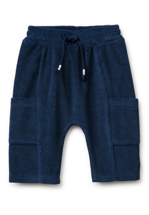 Pantaloni per bambini piccoli blu navy con vita elasticizzata, coulisse e grandi tasche cargo laterali, realizzati in tessuto morbido e strutturato.