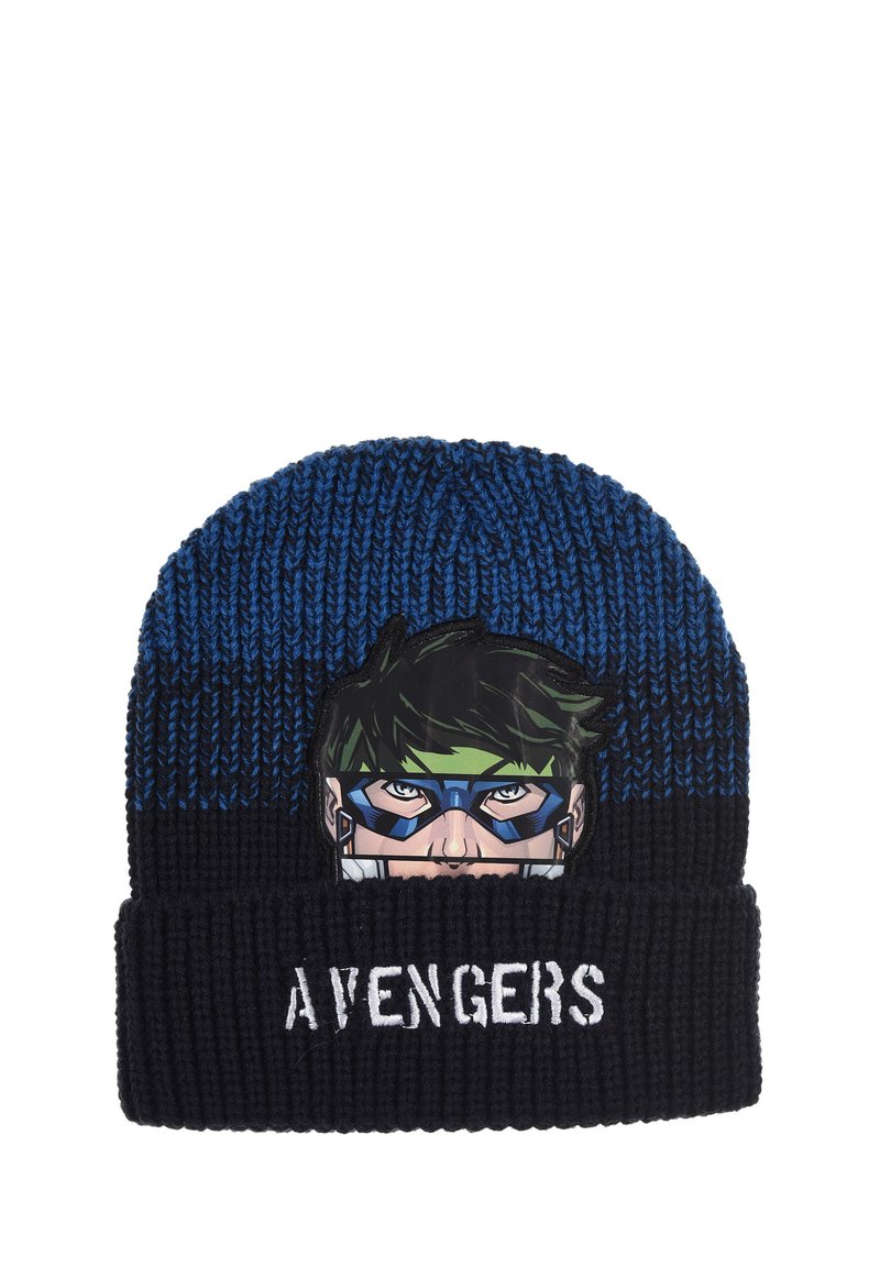 Beanie lavorato a maglia blu e nero, con un'immagine del volto di un personaggio e la scritta "AVENGERS" ricamata in bianco sul risvolto.