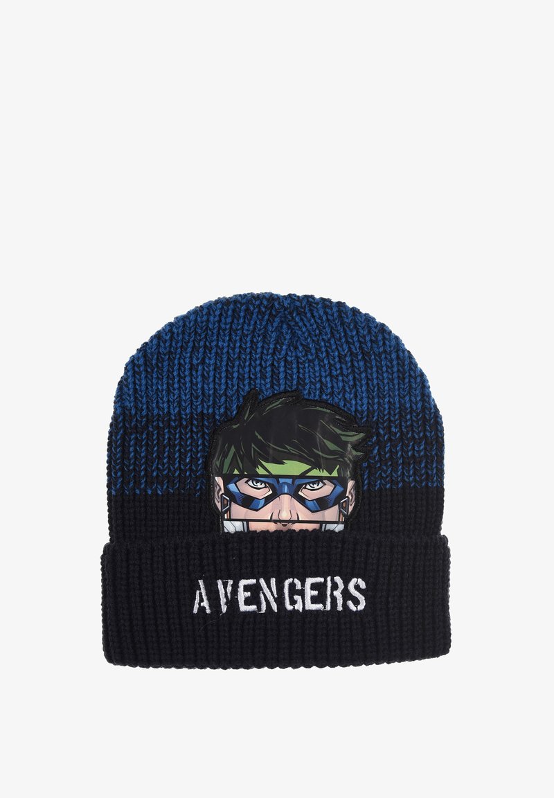 Beanie de punto en azul y negro, con un gráfico de la cara de un personaje y "AVENGERS" bordado en blanco en la parte del puño.