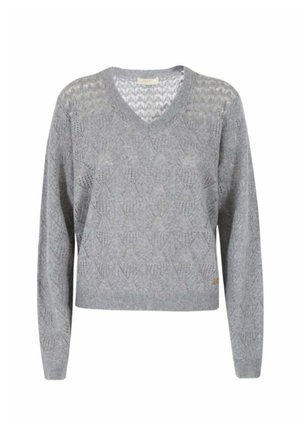 Maglione grigio chiaro a V con maniche lunghe, caratterizzato da un motivo in pizzo a forma di diamante e finiture a coste sui polsini e sull'orlo.