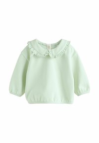 Sweatshirt vert menthe avec des manches courtes bouffantes et un col à volants. Présente une fermeture à boutons à l'arrière et une texture de tissu douce.