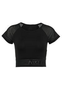 Musta urheilullinen crop-top, jossa on lyhyet, läpinäkyvät verkkohihat, Dri-FIT-teknologia ja teksturoitu nauha, jossa lukee "NIKE PRO" harmaalla.