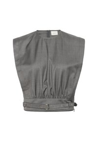 Top grigio senza maniche con collo alto, vita stretta e dettaglio in fibbia metallica. Realizzato in tessuto strutturato con una sottile texture.