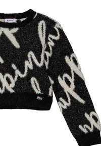 Maglione nero con scritte bianche, design cropped, texture morbida, scollatura rotonda e orlo a costine. Presenta un piccolo tag con logo in basso.