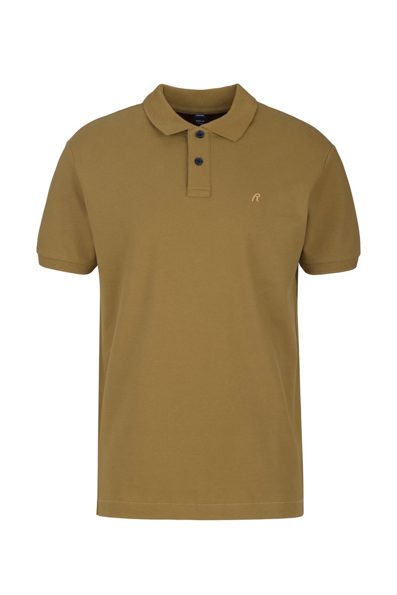 Olivgrünes Polohemd mit Kragen, zwei schwarzen Knöpfen und einem kleinen gestickten Logo auf der Brust. Hergestellt aus glatter Baumwollstoff.