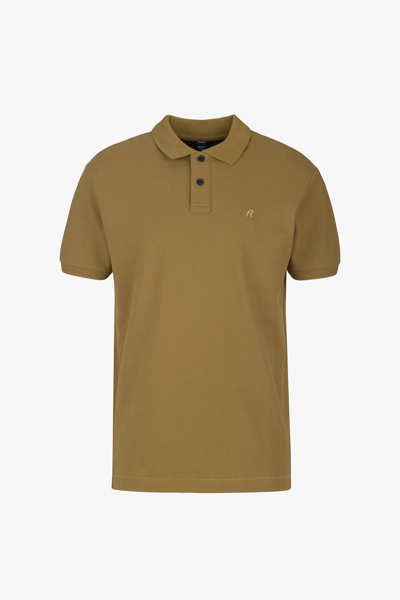 Olivengroene polo met kraag, twee zwarte knopen en een klein geborduurd logo op de borst. Gemaakt van gladde katoen.
