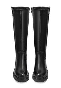 Stivali neri in pelle fino al ginocchio con finitura liscia, punta tonda e zip laterali; suole in gomma per una migliore aderenza.