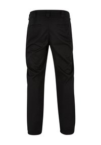 Pantalon en tissu noir à coupe droite. Comprend deux poches arrière et des passants pour ceinture. Texture lisse, design sur mesure.