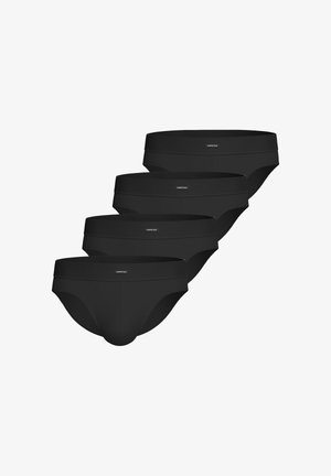 Schwarze Baumwoll-Slips im Viererpack. Sie verfügen über eine glatte Textur, einen elastischen Bund mit einem Logo auf der Vorderseite und ein klassisches Schnittdesign.