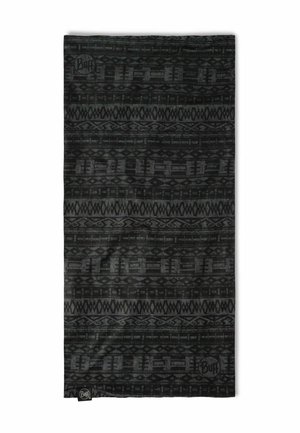 Schwarz multifunktionales Schal mit geometrischem Muster in Grautönen. Hergestellt aus weichem, dehnbarem Stoff, geeignet für verschiedene Outdoor-Aktivitäten.