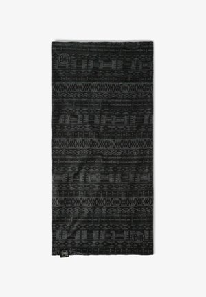 Schwarz multifunktionales Schal mit geometrischem Muster in Grautönen. Hergestellt aus weichem, dehnbarem Stoff, geeignet für verschiedene Outdoor-Aktivitäten.