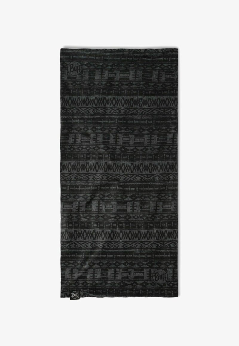 Schwarz multifunktionales Schal mit geometrischem Muster in Grautönen. Hergestellt aus weichem, dehnbarem Stoff, geeignet für verschiedene Outdoor-Aktivitäten.