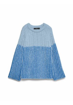 Jasnoniebieski sweter dziany o różnorodnych fakturach; górna część gładka, dolna część w ciemnoniebieskie paski. Okrągły dekolt i długie rękawy.