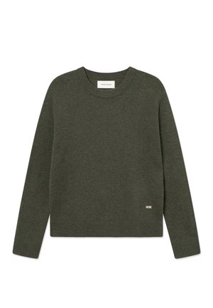 Pull vert foncé col rond avec manches longues, poignets et ourlet côtelés, et un petit logo "WW" clair près du bas à droite.