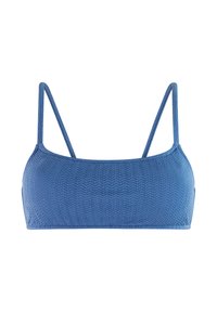 Blauw textuurstof cropped top met dunne verstelbare spaghettibandjes en een rechte halslijn.