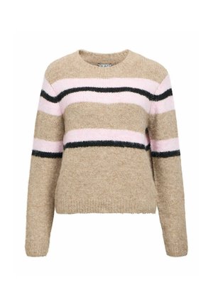 Šviesiai rudos megztos megztinės su horizontaliomis juostomis, šviesiai rožinės, tamsiai rožinės ir juodos spalvos. Yra apvalus kaklas ir ilgos rankovės. Minkšta tekstūra.