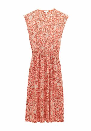 Raudona midi ilgio suknelė su įmantriu smėlio spalvos gėlių ir paisley raštu, trumpomis rankovėmis, elastingu surištu liemeniu ir apvalia iškirpte.