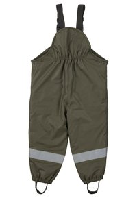 Green waterproof overalls with adjustable black straps, elastic cuffs, and reflective gray bands on the legs. Smooth texture, minimal design.