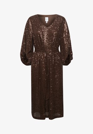 Brun draperad klänning med V-ringning, långa puffärmar och midjebälte. Texturen har reflekterande paljetter och en flödande design.