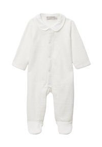 Body bébé en coton blanc à manches longues, avec un col rond, une fermeture à boutons-pression sur le devant et un design avec pieds pour plus de chaleur.