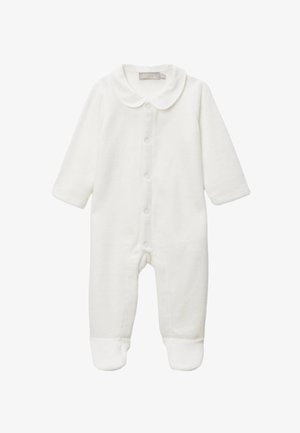 Body bébé en coton blanc à manches longues, avec un col rond, une fermeture à boutons-pression sur le devant et un design avec pieds pour plus de chaleur.